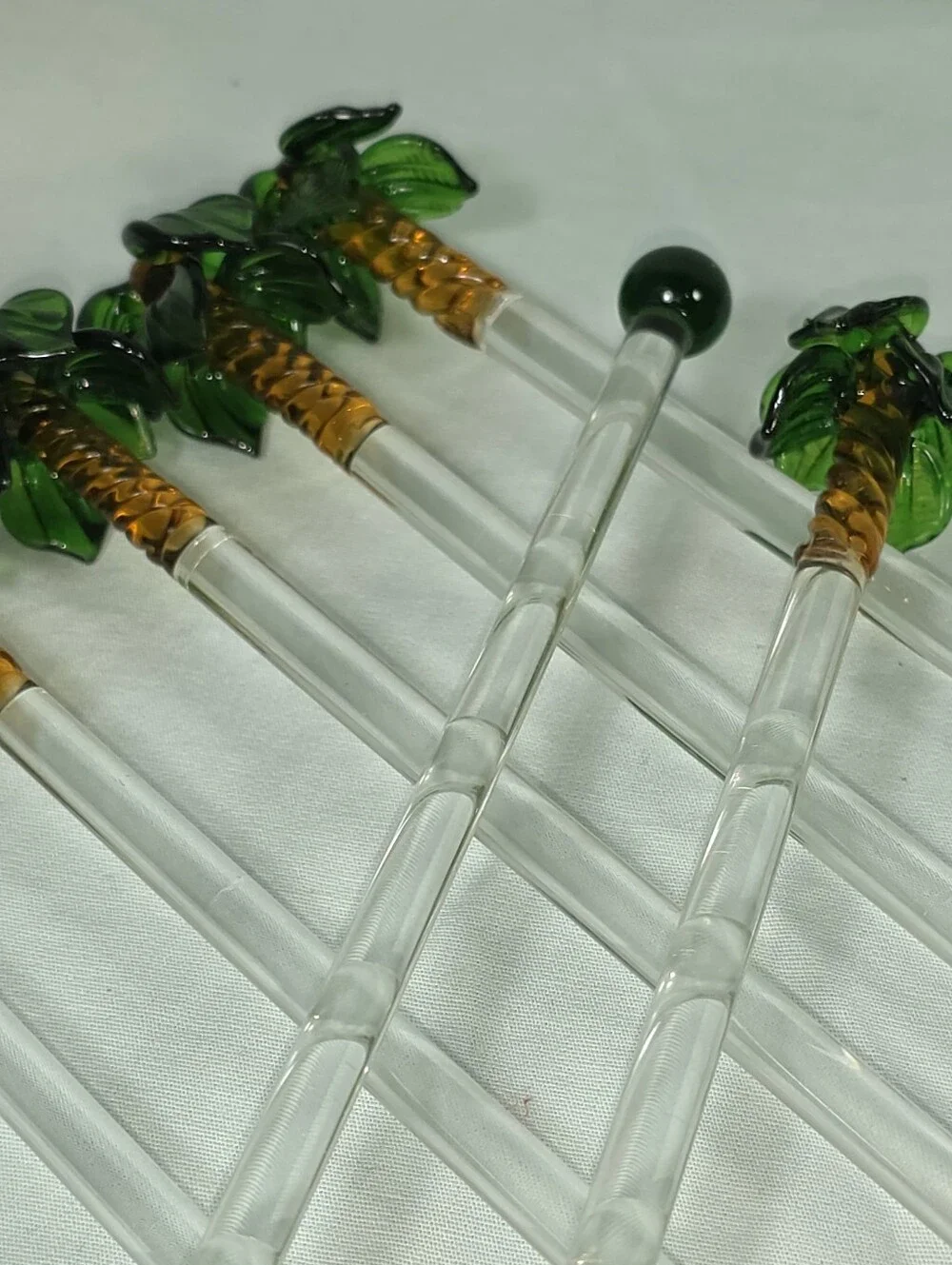Vintage Hand Blown Glass Palm Tree Cocktail Stir Sticks Tiki Barware Set of 10